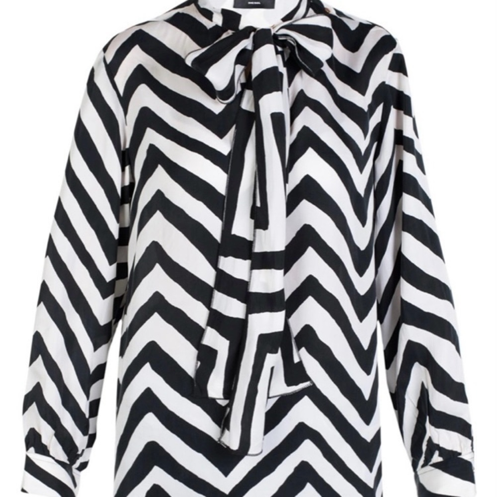 Diesel C-Amis Black & White Chevron Tie-Neck Blouse